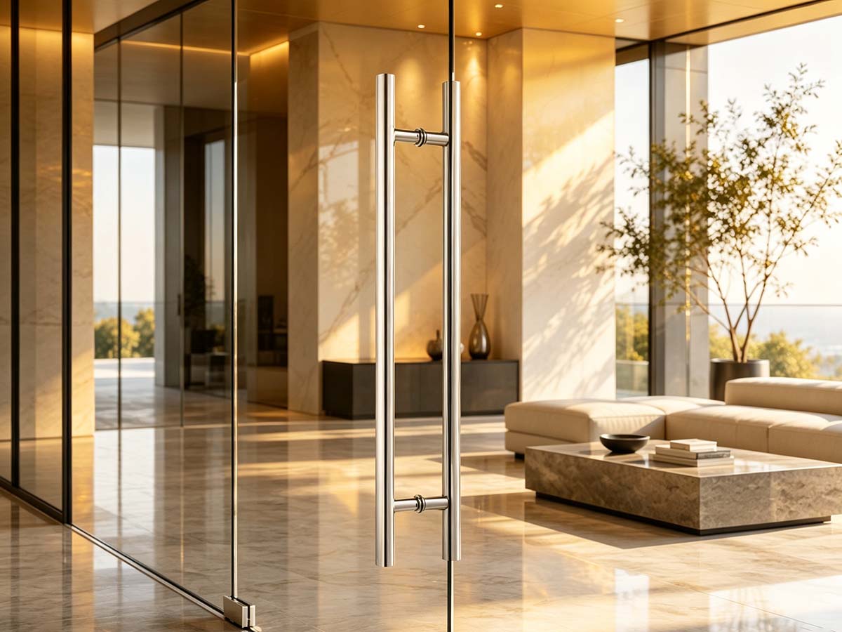 Modern hotel corridor with GripPRO stainless steel door pull handles