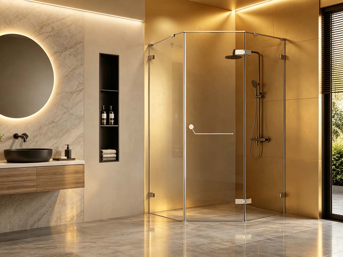 Modern bathroom with GripPRO shower hardware in brushed gold finish
